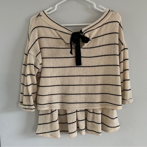 Anthropologie Shirt Size Small Boxy Peplum Top Cream Black Striped Bow Blouse - Picture 6 of 10